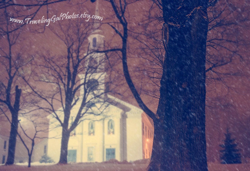 Travel photography pink purple white dreamy fairytale trees New England winter church snow night lights 11x14 fine art photo