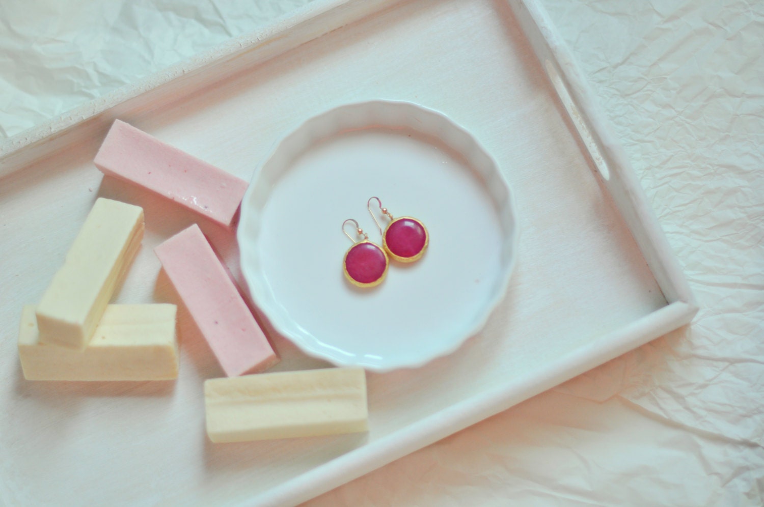 statement gemstone fashion MEDIUM SIZE bold earrings bright candy SUGAR pink jade stone  textured gold statment earrings israel jewelry