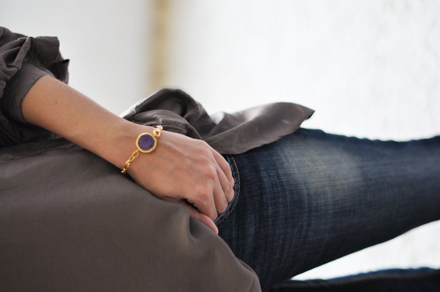 spring fashion classic purple stone gemstone handmade  bracelet gold chunky chain israel jewelry