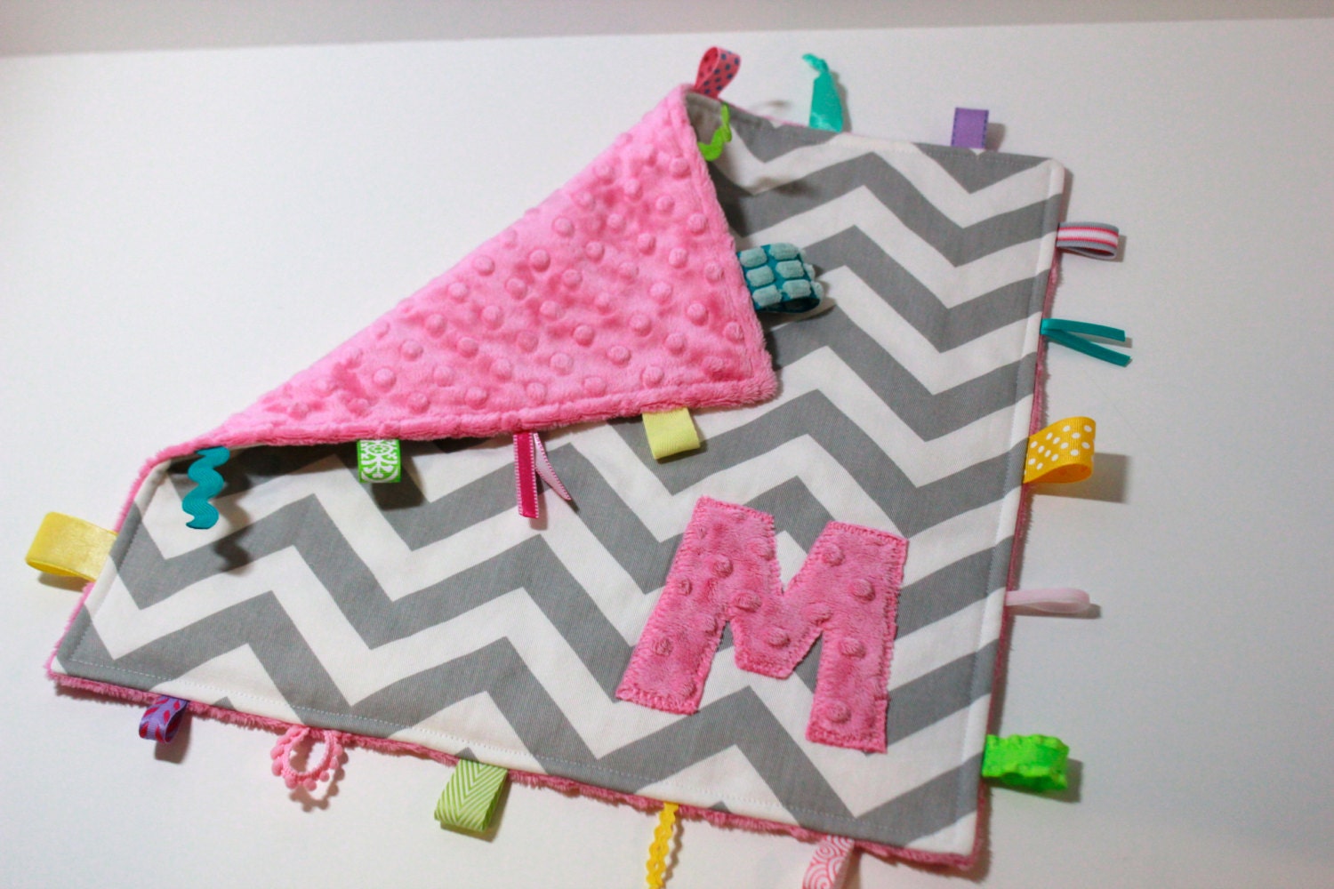 Personalized Pink Grey Chevron taggie blanket - Baby tag Lovey Security Sensory Ribbon Stroller Travel Minky