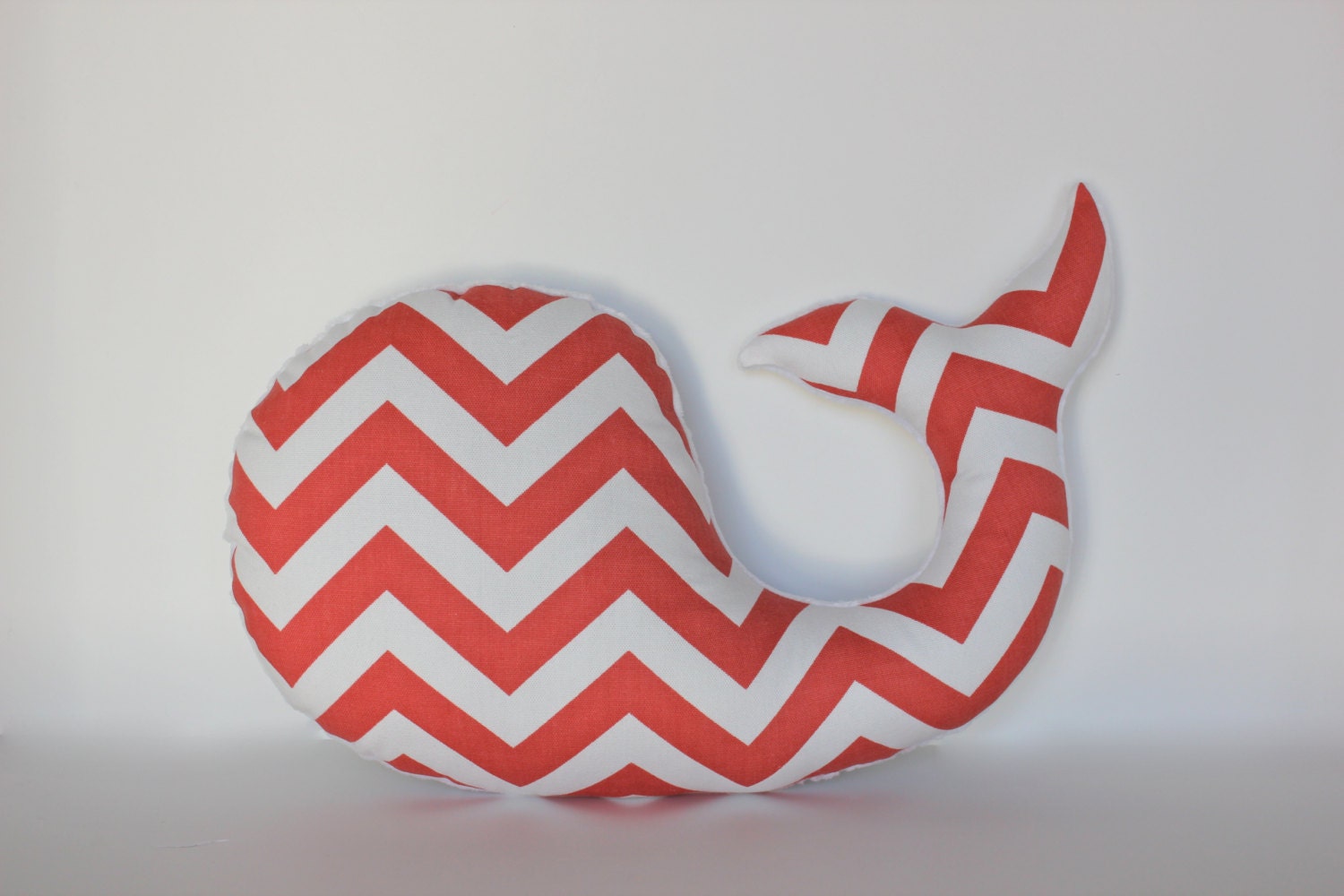 Coral chevron WHALE pillow - nursery decor baby shower - white minky