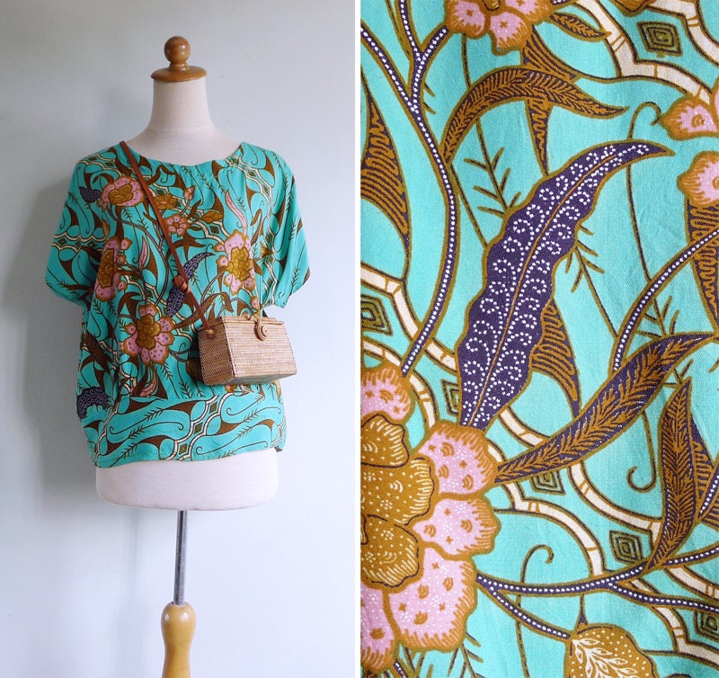 Vintage 80's Batik Floral Aqua Green Blouse Top S M or L