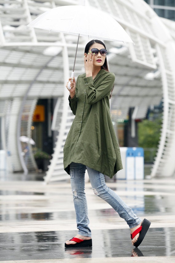 Spring Dress Long Sleeve Dress Shirt Loose Fitting Blouse Long Shirt Dress in Army green - NC325