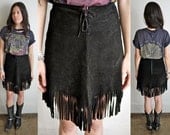 Vintage 80s Black Leather Fringe Biker Skirt