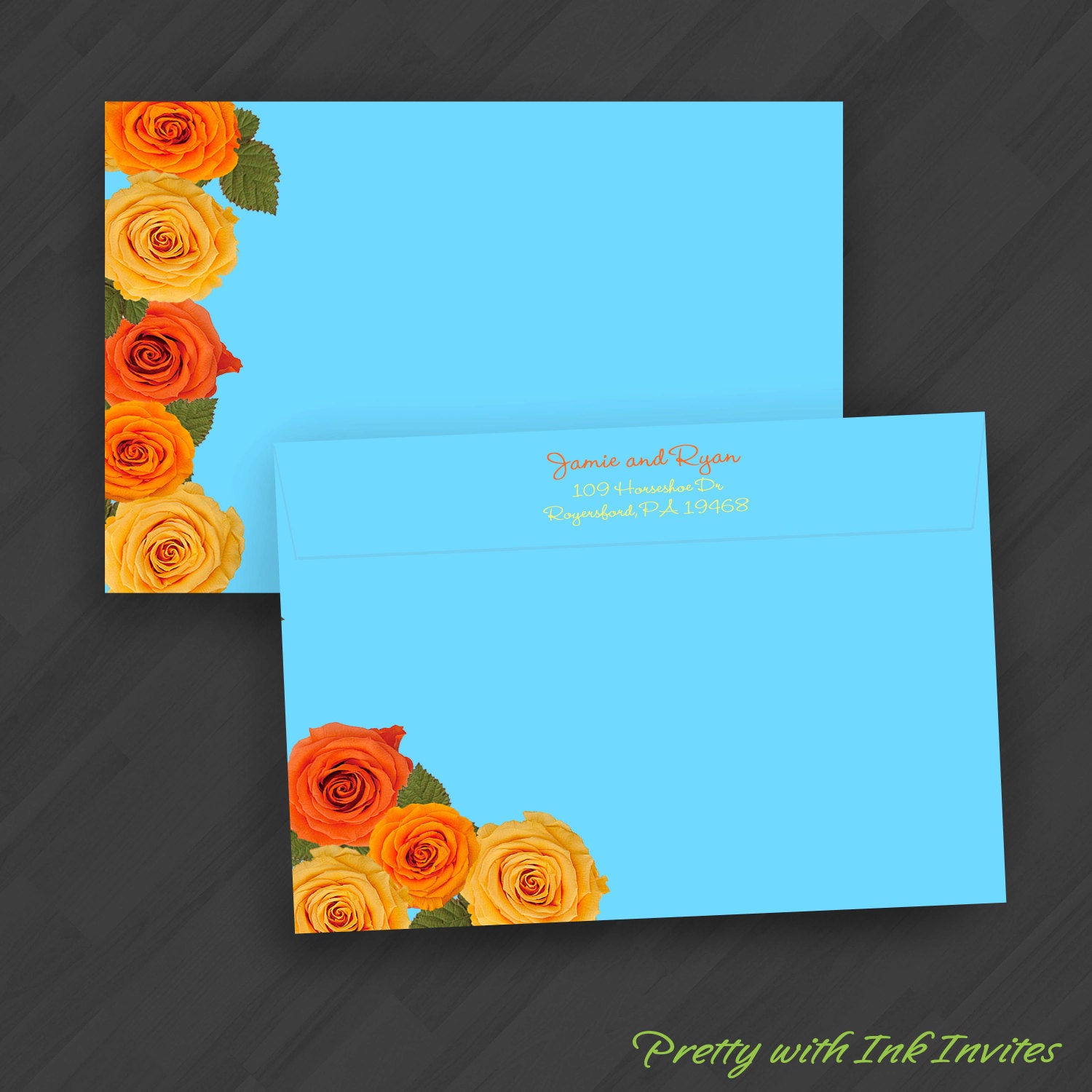 Rainbow of Roses Invitations for Shower/Engagement/Wedding/Your Special Event (Shown in Blue/Orange/Yellow)
