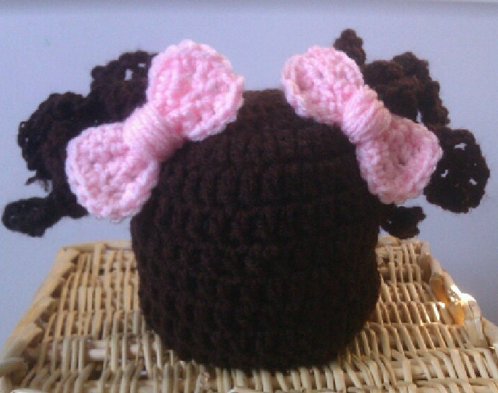 Crochet Pigtail Baby Girl Beanie-You Choose Bow Color-Available in size: Newborn-0/3mo-3/6mo-6/12mo-Photo Prop