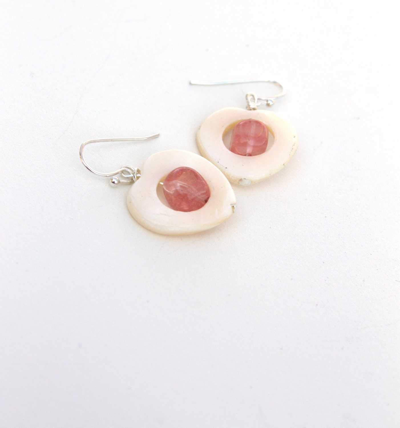 Heart earrings, mother of pearl, cherry quartz, Valentine's earrings