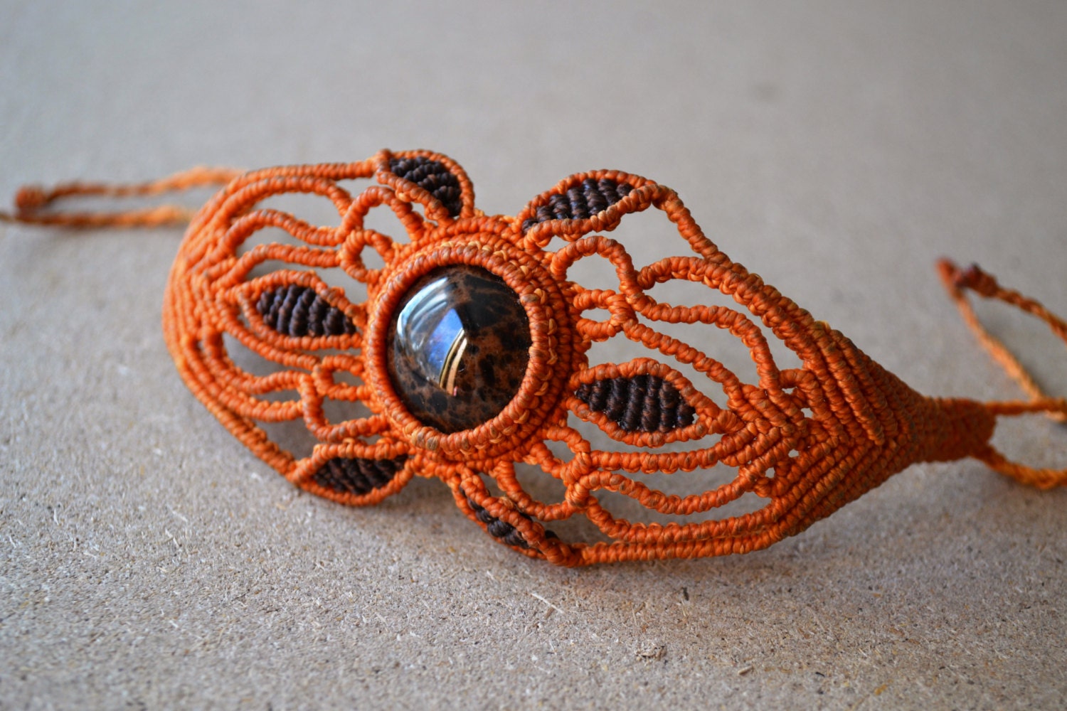 Orange Macrame Bracelet/ Black Brown Gemstone/ Macrame Jewelry/ Healing Stone/ Peruvian Jewelry/ Micromacrame