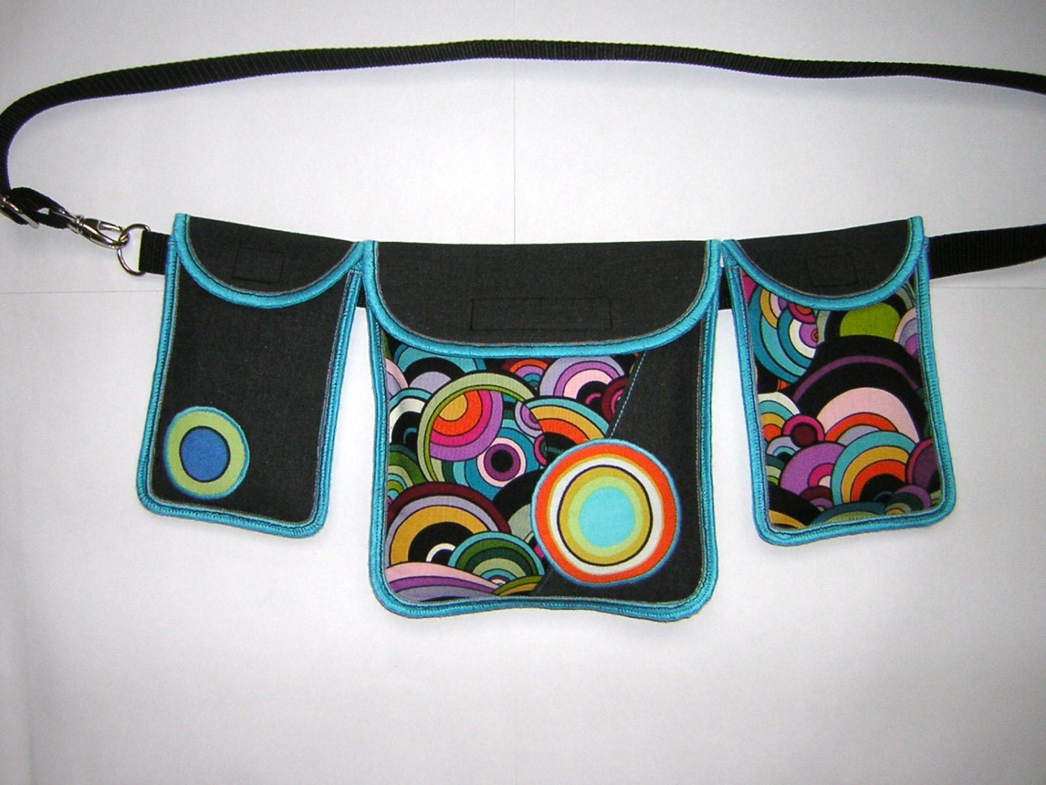 BELT BAG with three pockets mini hip bag -bike bicycle tote purse- Festival Bag Hiking mixed fabrics in Black-Colorful-Rainbow  with circles