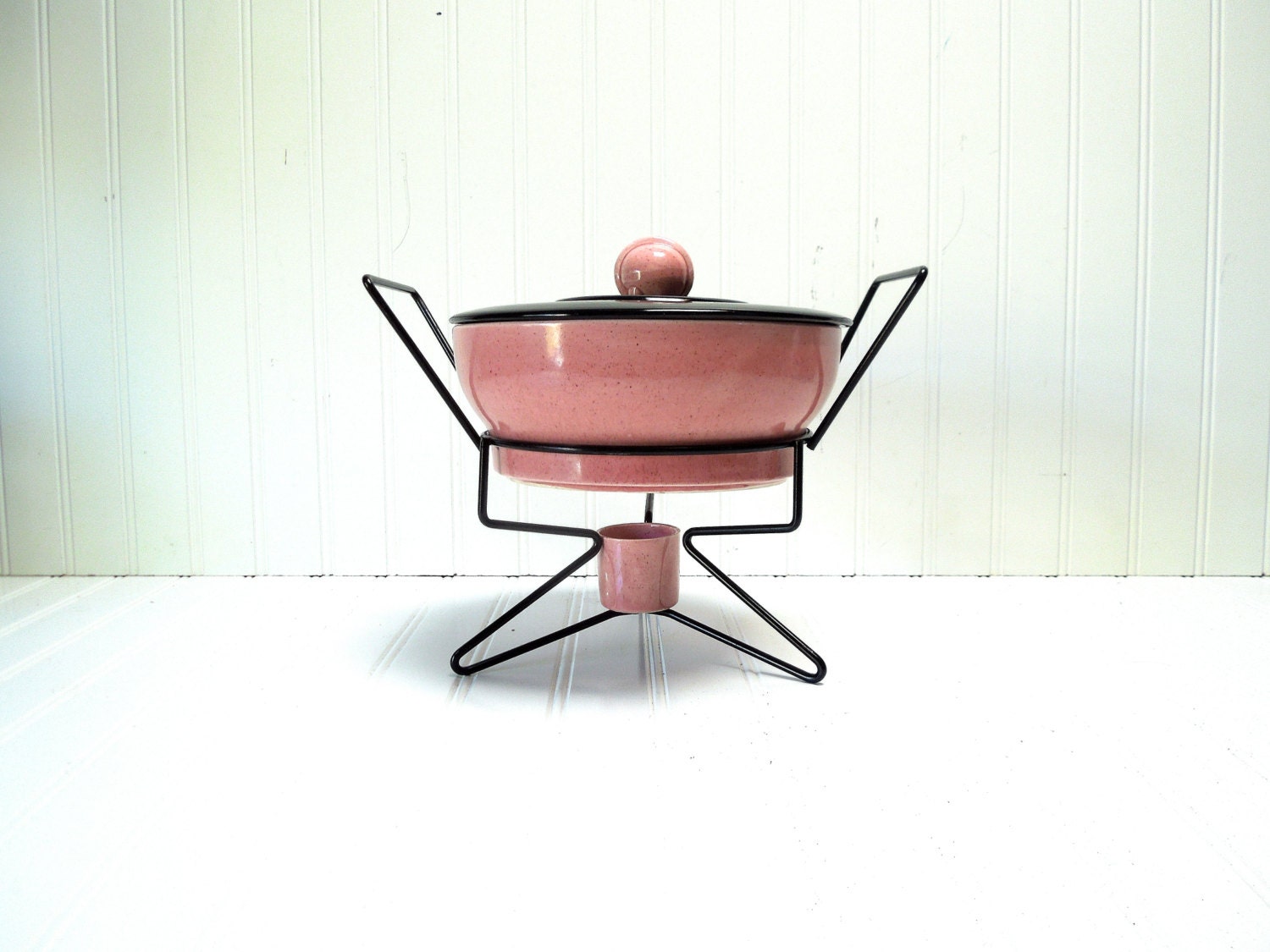 SALE Vintage PINK Fondue Set Atomic Mid Century Ceramic Food Warmer