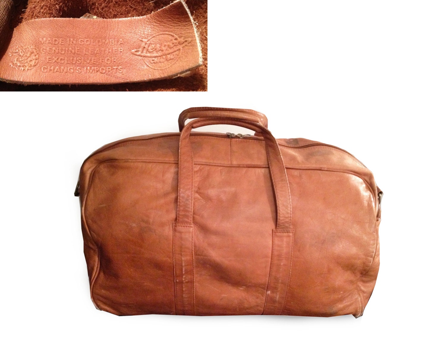 Vtg. Large  Brown Genuine Columbian Leather Travel Hand Luggage/ Gym Bag -Weekend /Overnight Bag