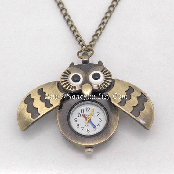 Antique Bronze Owl Pocket Watch Necklace, Hoot Owl Pendant Necklace, with Long Necklace Chains