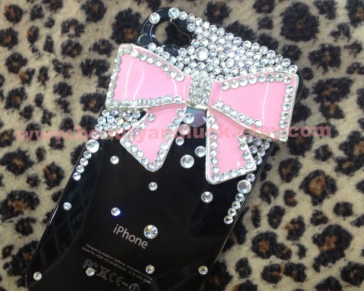 Bling Rhinestone Crystal Pink Bow Black Back Case Cover for Apple IPhone 4 case, iphone 4G case, iphone 4S case, iphone 5 case