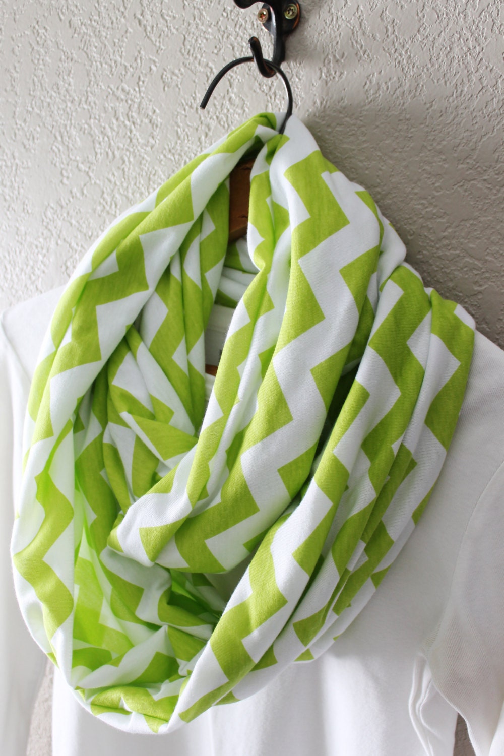 Infinity scarf, circle scarf, eternity scarf, loop scarf, tube scarf, Chevron, Lime Green and White, Knit Scarf ,Spring Trend
