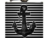 Nautical Anchor Striped Liquor Drinking Flask Gift. Boat Anchor on Black or Blue Stripes 6oz