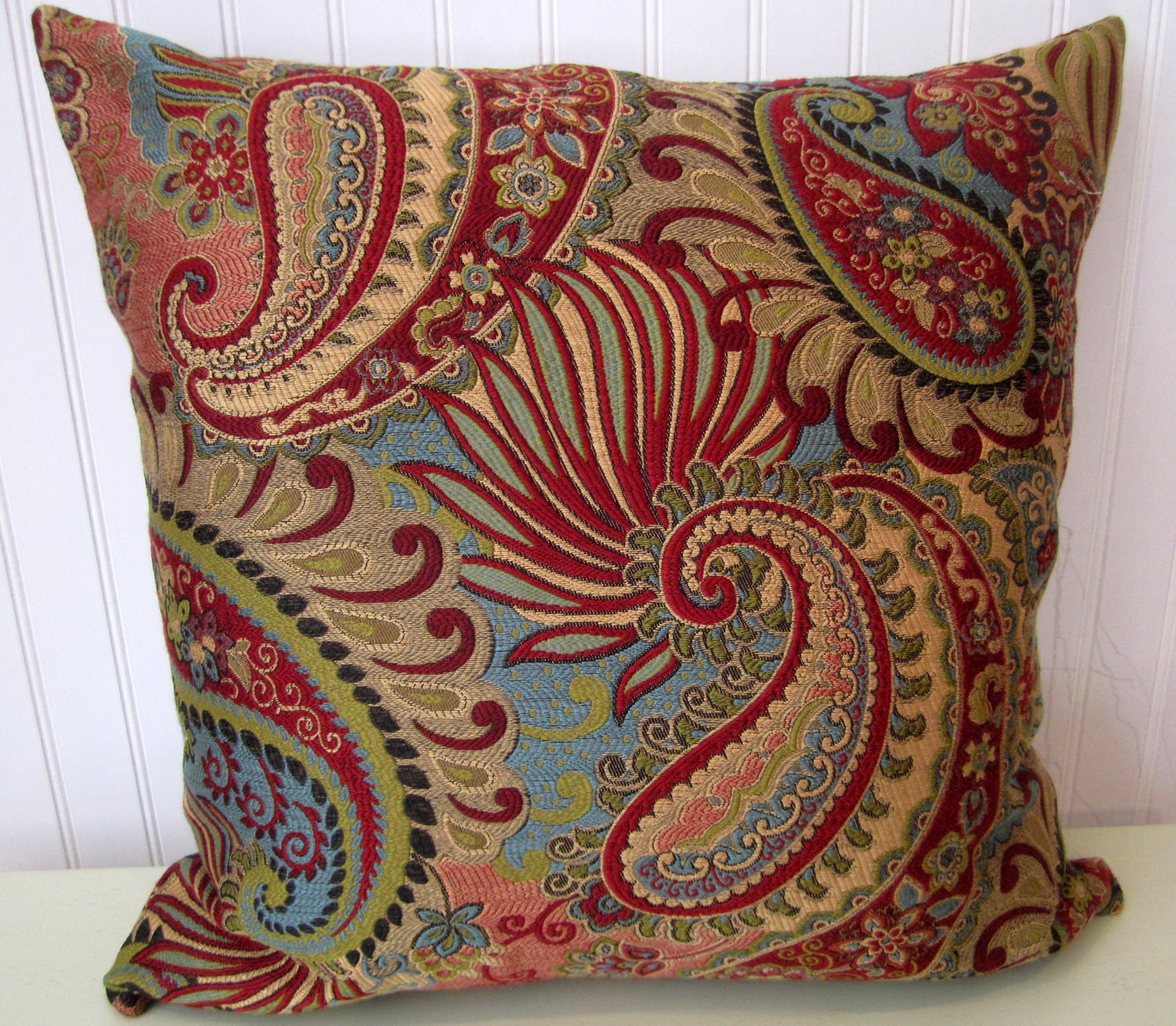 Beautiful Woven Decorative Pillow--20x20 Throw Pillow--Paisley and Flowers--Red, Turquoise, Gold