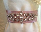 Blush Wedding Sash Bridal Belt with Diamond Rhinestones - Custom Colors available