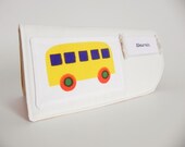 Personalized CHILD'S WALLET in Marimekko Bo Boo Fabric with YELLOW School Bus - for a Boy or Girl - Pencil Case - Pouch - Billfold