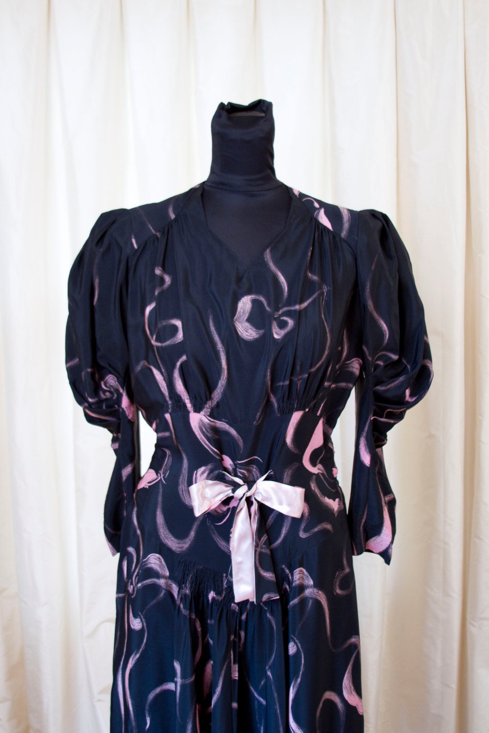 1940's Designer Dress // Black Silk with Painted Pink Bows Dress by Arthur Weiss
