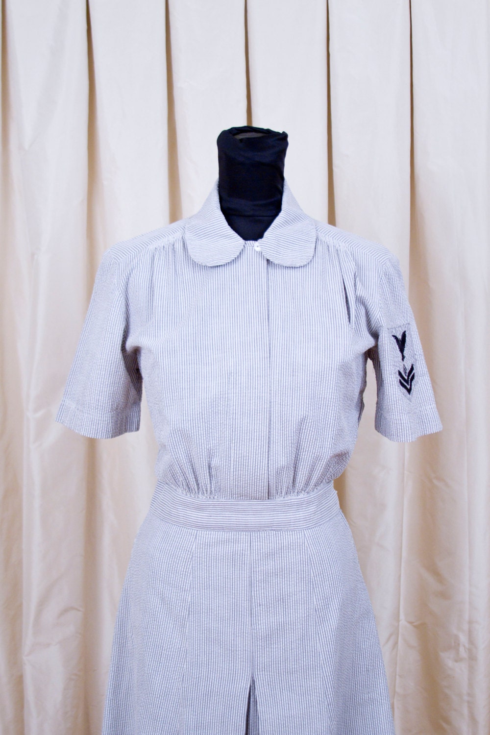 1940's Dress // W.A.V.E.S WWII Navy Womens Seersucker Uniform Dress
