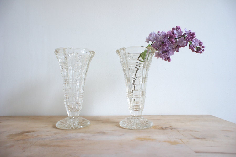 Vintage French Cut Glass Vases // 1950 Set of 2 // French Country Home Decor // Minimalist Purple Lilac //  Flower Bud Vase // Cottage Chic
