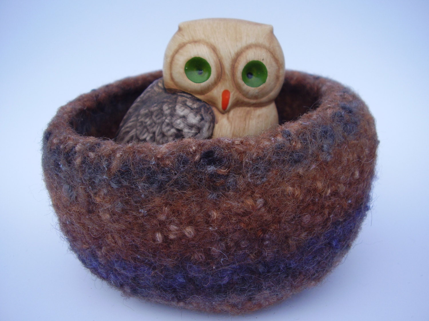 felted wool bowl container treasure dish jewelry holder brown blue fuzzy striped