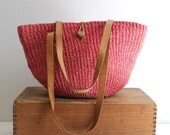 Vintage Pink Jute Tote with Leather Strap
