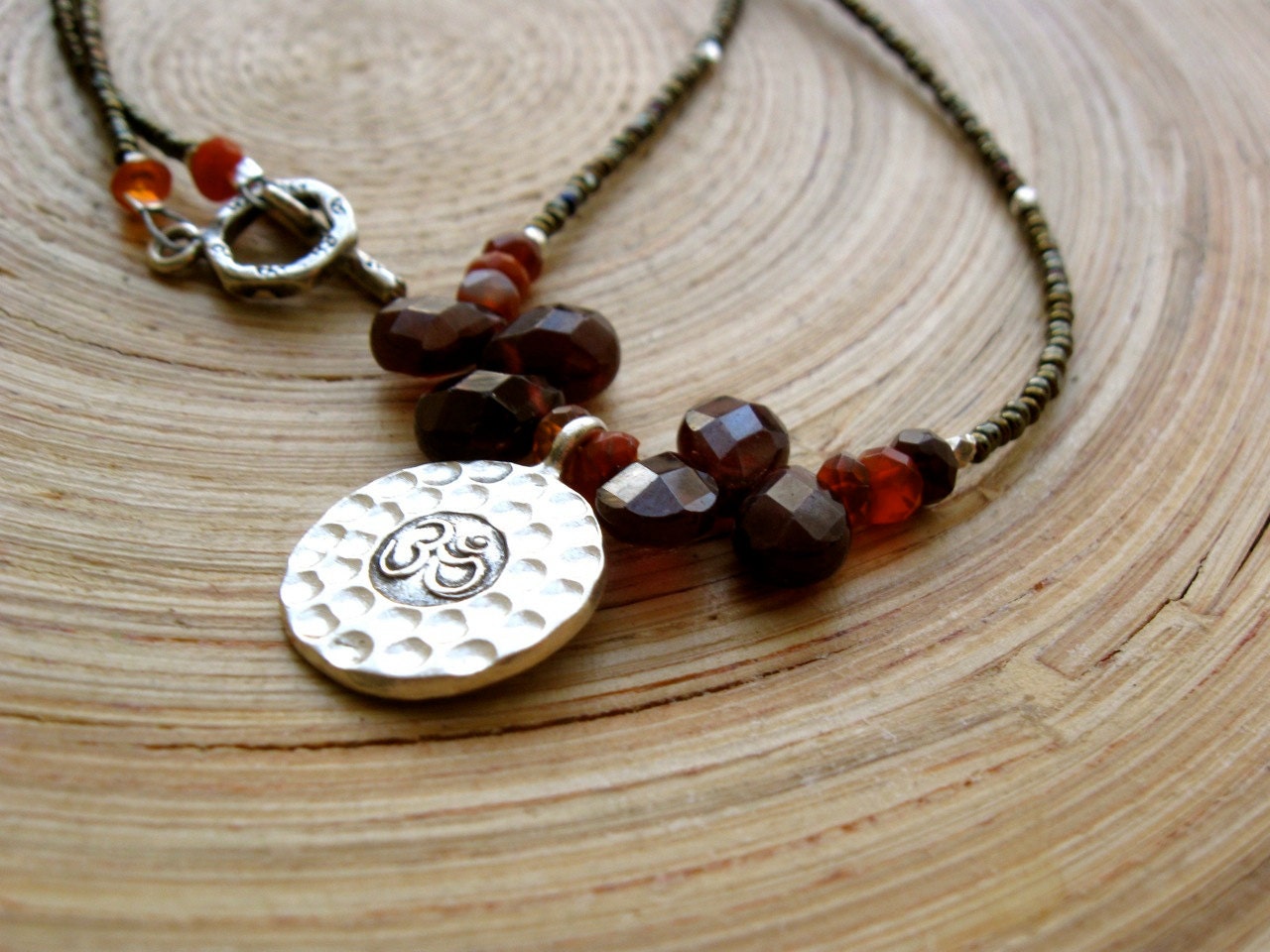 SALE Om necklace with Mexican fire opal and garnet beaded yoga necklace / hammered fine silver om 17.5"