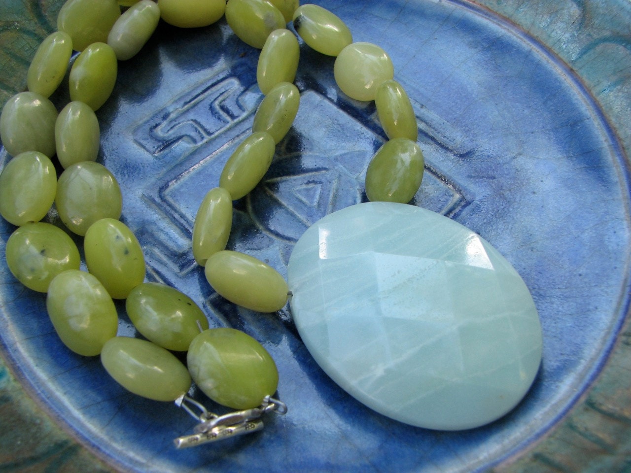 Amazonite and olive jade necklace // chunky green and blue gemstone necklace