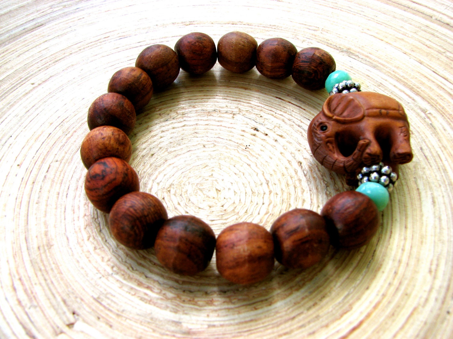 Elephant bracelet with chrysoprase and rosewood / stretch mala bracelet / ojime carved elephant head