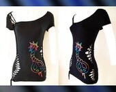 Womens / Juniors Cut Top Peace Bomb Explosion Black Top Shredded Shirt Series Off Shoulder Size Small, Medium, Large, XL, 2XL, 3XL