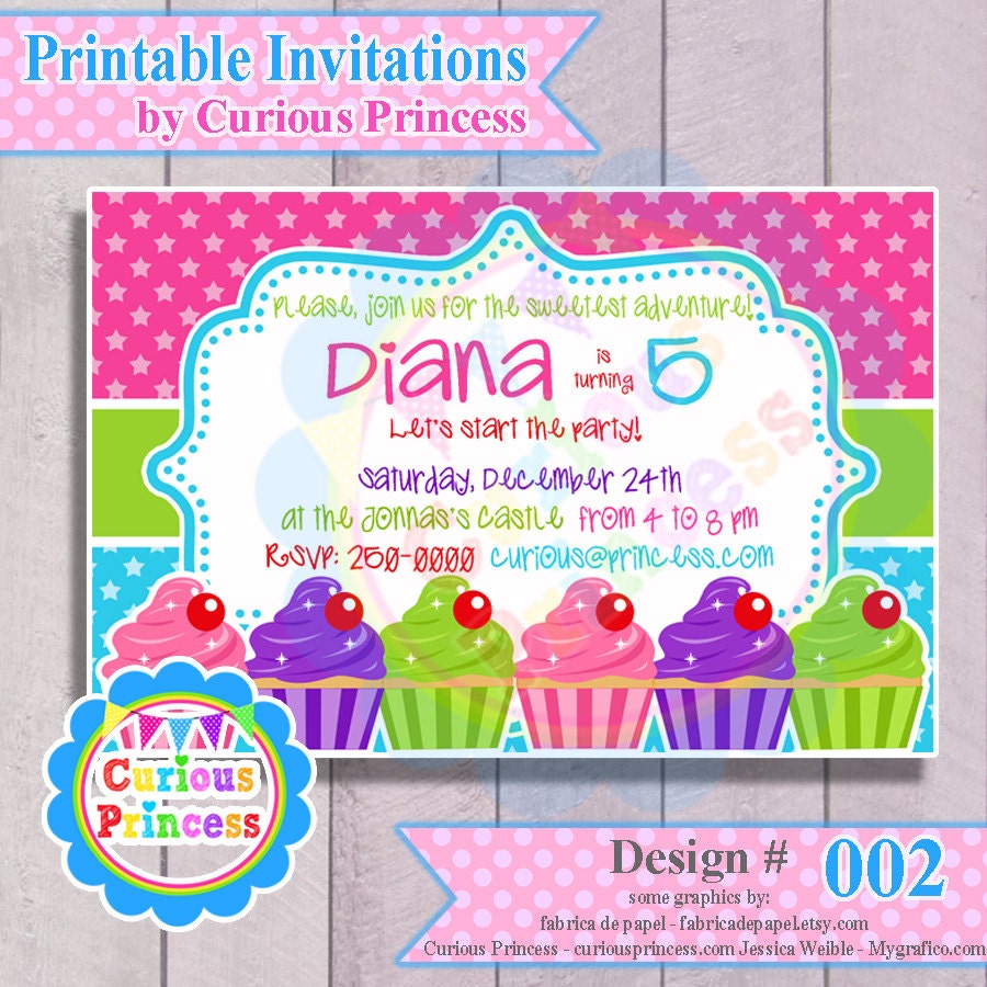 002 Cupcakes birthday party invitations digital PRINTABLE file invitation 4x6 or 5x7  candy land girl