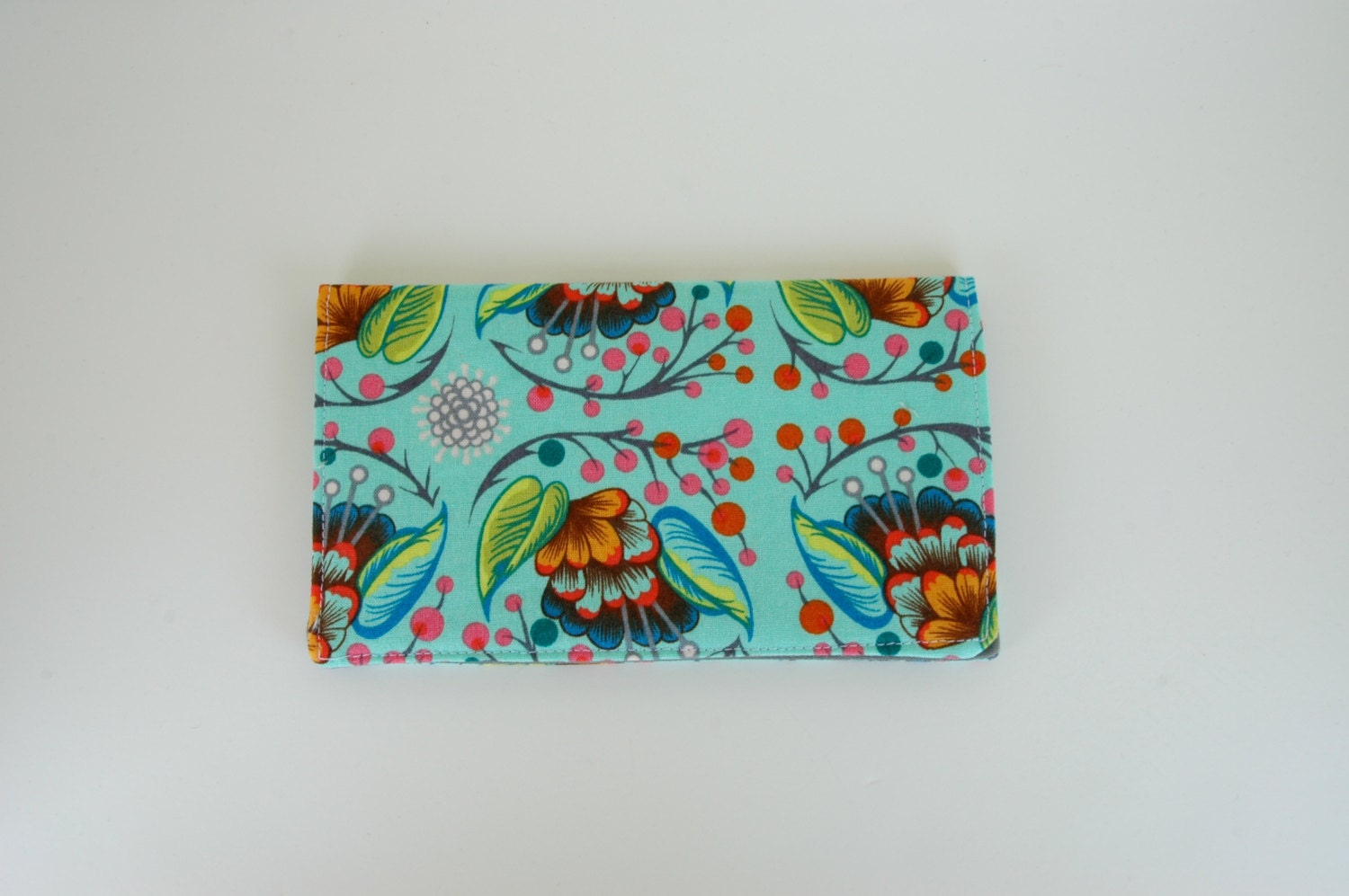 checkbook cover - turquoise petals with gray pockets