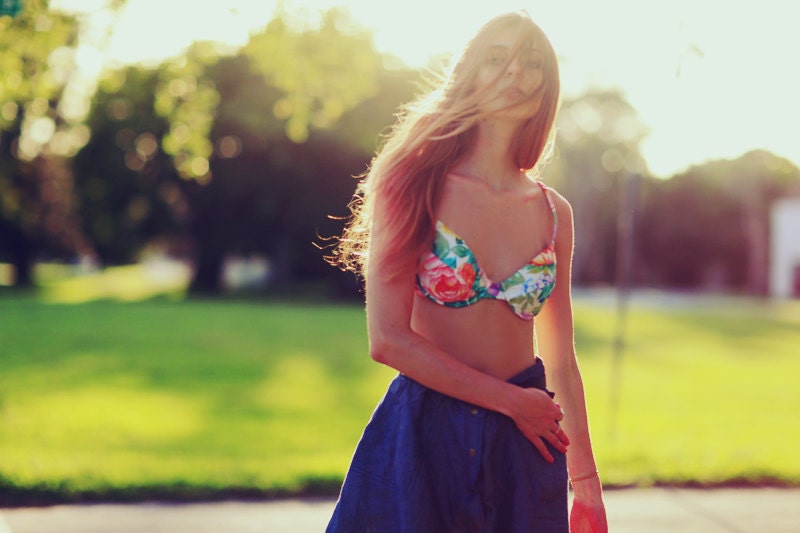 70s Colorful Sequin Rose Two Piece Swimsuit