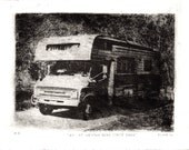 RV at Weston Bend State Park. Lithograph. 7" x 9" Print. Recreational Vehicle.