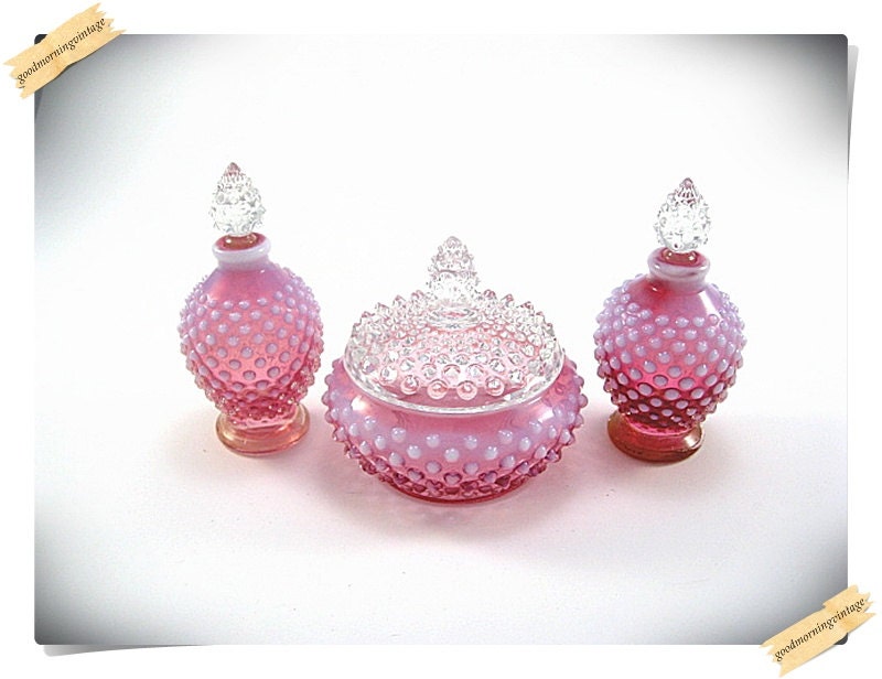 Fenton Cranberry Opalescent Perfume and Powder Set