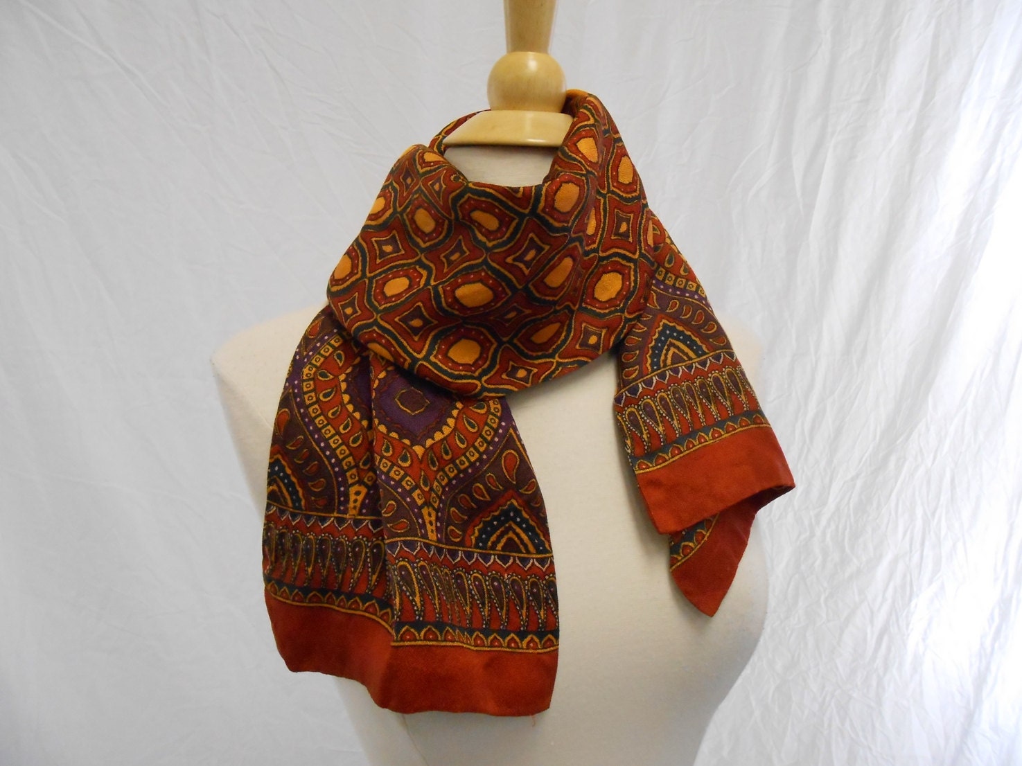 Paprika Red Medallion Print Silk Long Scarf / 46 x 9"