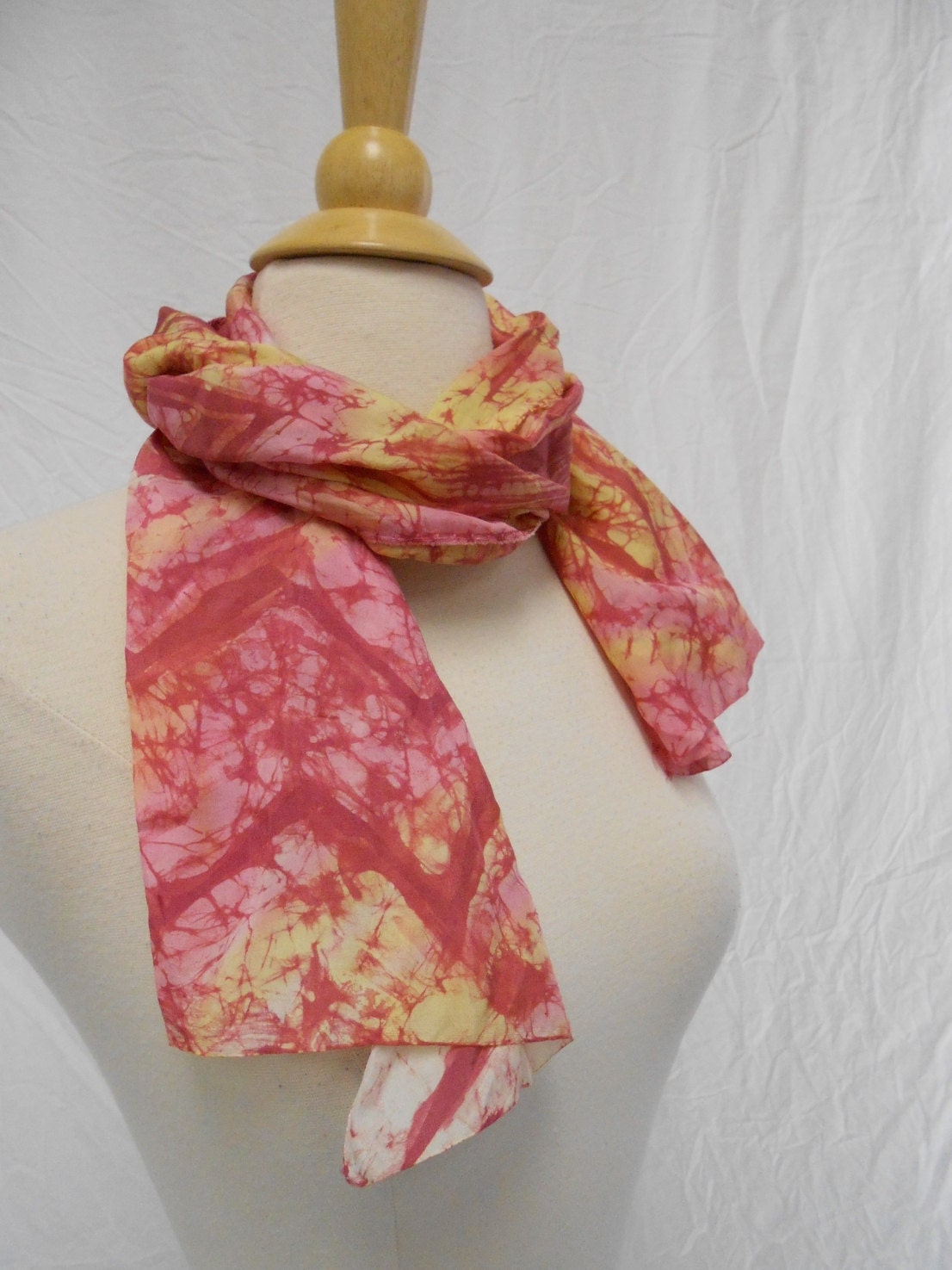 Pink and Yellow Tie-Dye Chevron Print Silk Scarf / 43 x 11"