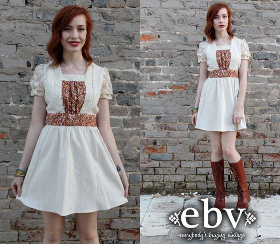 Vintage 70s Cream Lace Floral Babydoll Mini Dress S M