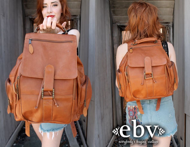 Vintage 70s Large Brown Leather Backpack