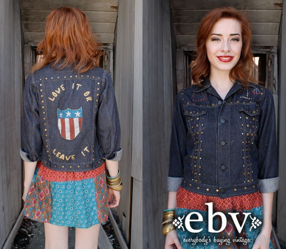 Vintage 70s Hand Painted Studded Denim Jacket XS S