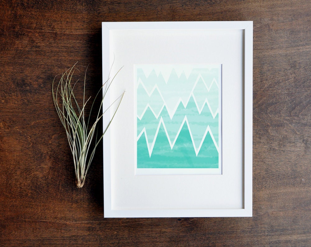 Aqua Ombre Geometric Wall Decor - Mountain Range Art Print - 8x10