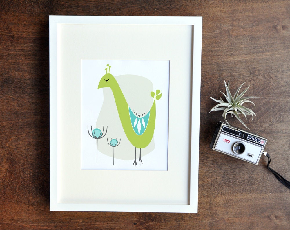 Nursery Art Print - Aqua and Green Sleeping Bird Wall Decor - 5x7, 8x10