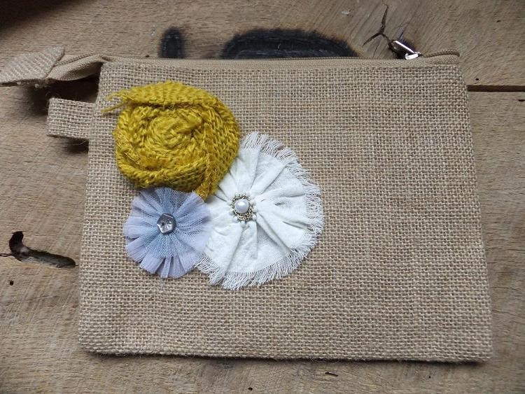 MEDIUM size Burlap Pouch with Flower embellishments