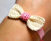 Crochet Bow Ribbon Bracelet, Pink and Cream