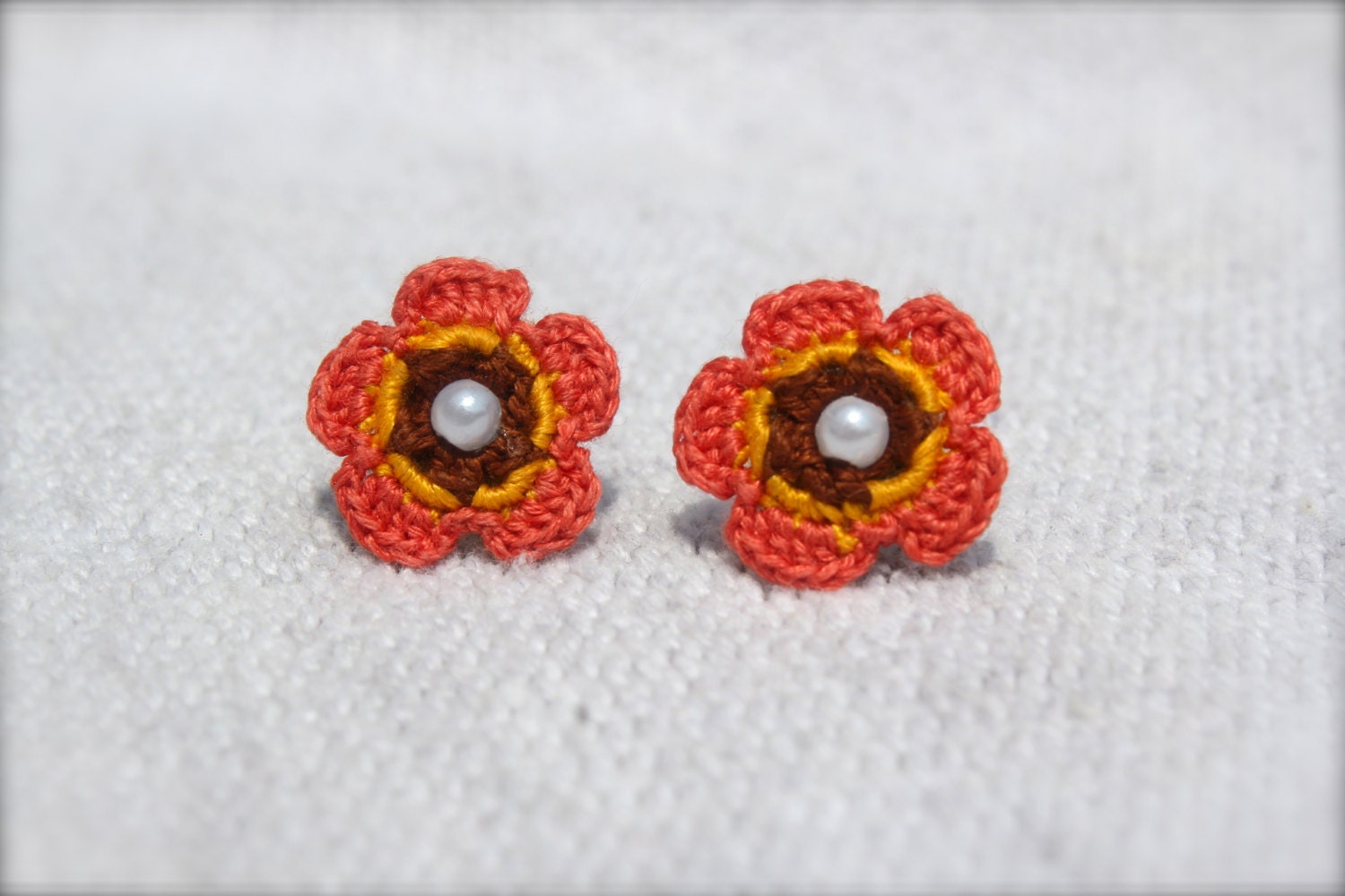 Crochet Flower Earrings, Coral, Yellow, Brown with Pearl Bead
