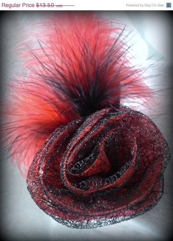 On Sale Be Mine Red and Black Flower Feather Headband, Handmade, womens headband, Floral headband, Valentine Headband