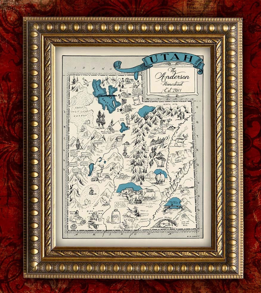 UTAH Map Print PERSONALIZED VIntage Map Retro Custom Map Wedding Housewarming Gift Home Decor Wall Decor 8x10 All 50 States Avail.