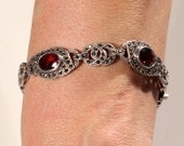 80s Sterling Bracelet Garnets Marcassites Articulated Secure Clasp Stamped 925 Glam