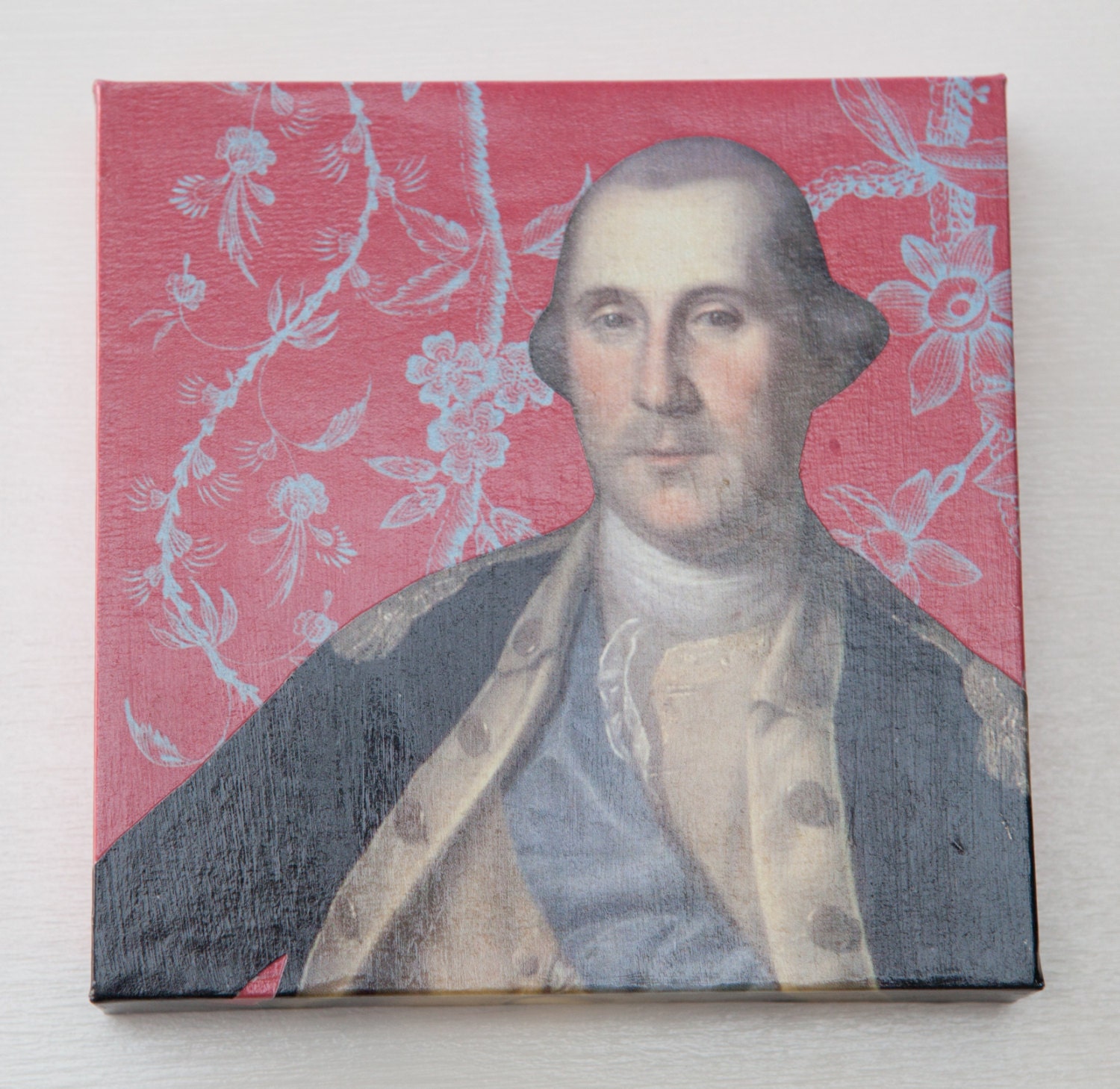 Dashing George collage on wood block